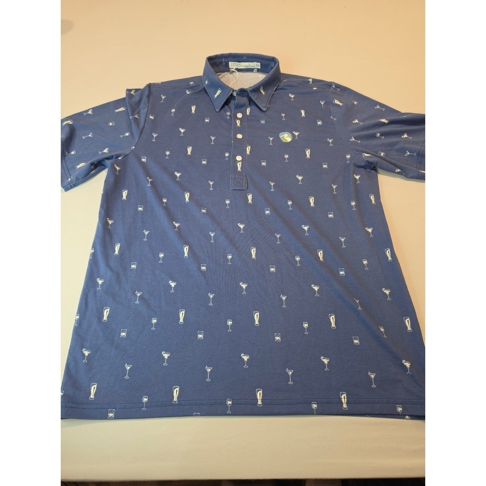 Criquet Mens Players Shirt Blue Cocktail Glass Print Golf Polo Large Pima Blend